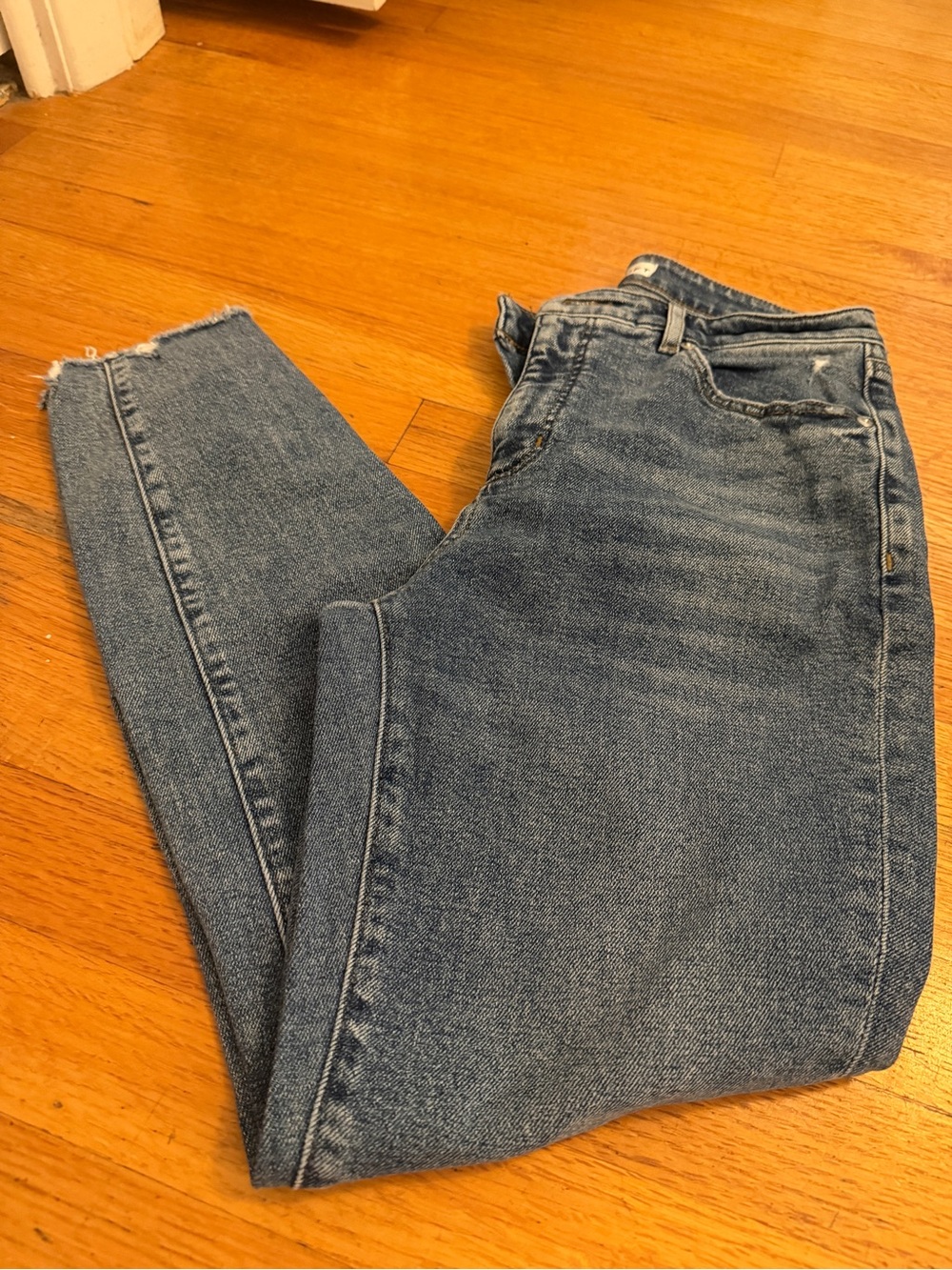 LOFT Skinny Jeans in Light Blue Denim with Frayed Hem